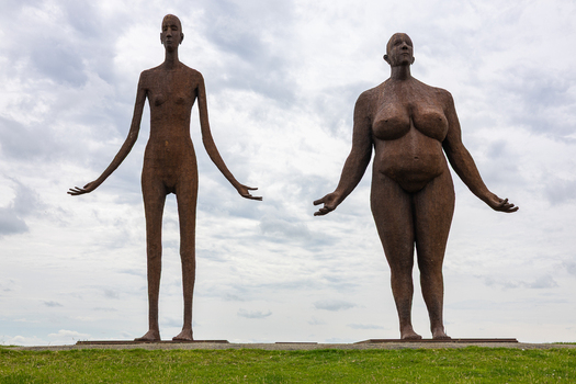 View of the Wachten op hoog water sculpture by Jan Ketelaar featuring two large rusted iron human figures standing on a grassy field in Holwert Friesland Netherlands. View of the Wachten op hoog water sculpture by Jan Ketelaar featuring two large rusted iron human figures standing on a grassy field in Holwert Friesland Netherlands.