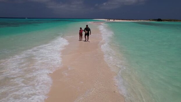 Aerial view of a couple walking on a sandbar Venezuela.