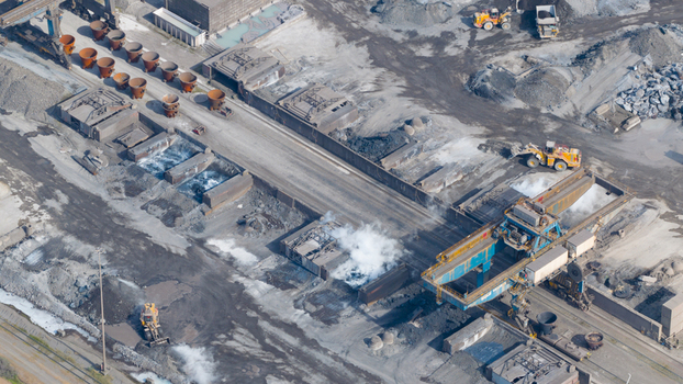 Velsen Noord Netherlands 05 May 2026 Aerial view of Tata Steel industrial plant with heavy machinery slag pots and steam rising from the manufacturing complex. Velsen Noord Netherlands 05 May 2026 Aerial view of Tata Steel industrial plant with heavy machinery slag pots and steam rising from the manufacturing complex.