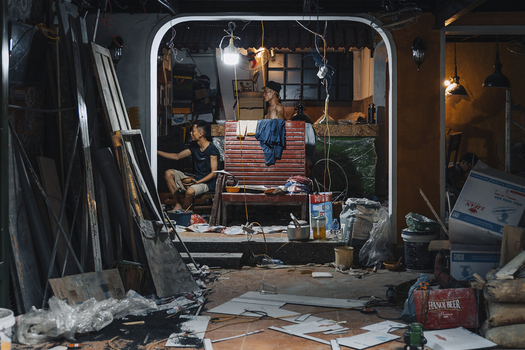 Hanoi Vietnam 23 July 2023 View of a messy workshop with tools and furniture Hanoi Vietnam.