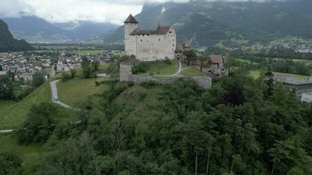 Aerial view of Vaduz Castle on a hilltop Liechtenstein.