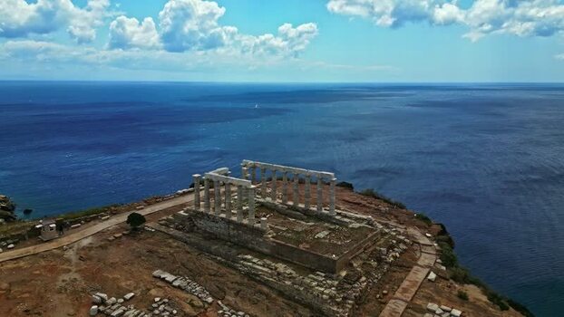 Aerial view of Temple of Poseidon at Cape Sounion Greece.