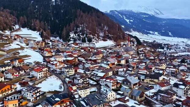 Aerial view of Nauders village in the snowy Alps Austria.