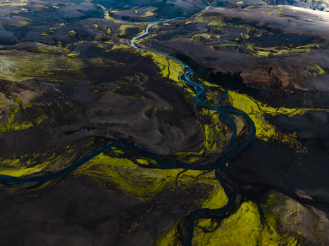 Aerial view of winding rivers carve through stark black volcanic earth accented by vibrant green moss creating a surreal textured landscape Iceland Iceland. Aerial view of winding rivers carve through stark black volcanic earth accented by vibrant green moss creating a surreal textured landscape Iceland Iceland.