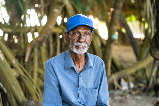 Sri Lanka 15 January 2026 View of an elderly man with a white beard wearing a blue cap and shirt sitting in front of tropical tree roots.