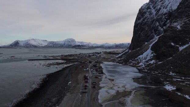 Aerial view of Lofoten mountains and coastline in Norway.