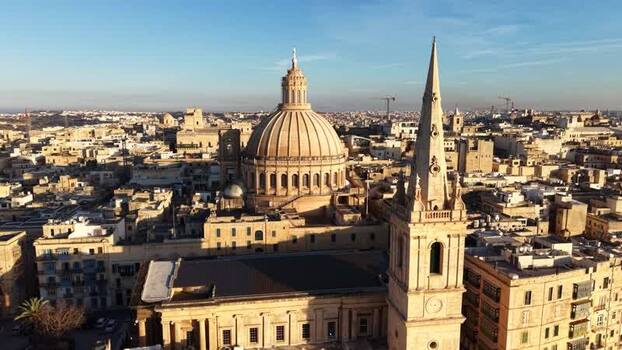 Aerial view of the historic skyline and cathedrals in Valletta Malta.