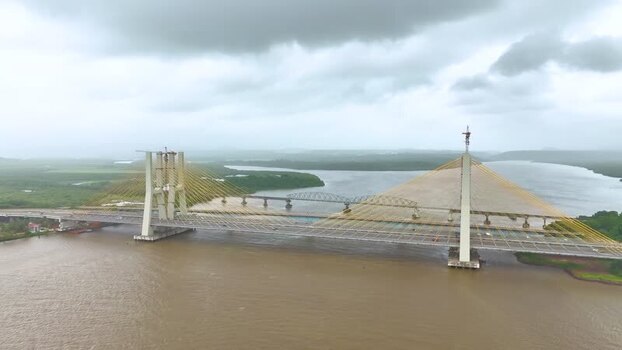 Aerial view of New Zuari Bridge over the river in India.