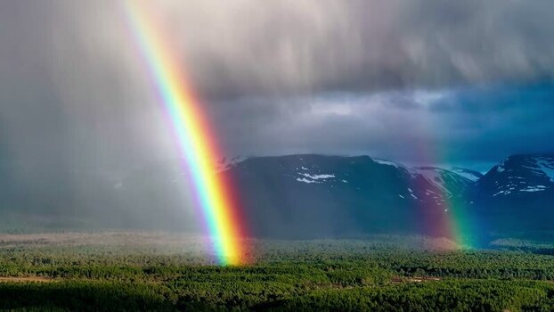 Aerial view of rainbow over Cairngorms National Park United Kingdom.