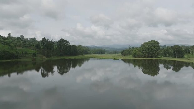 Aerial view of lake surrounded by trees Kenya.