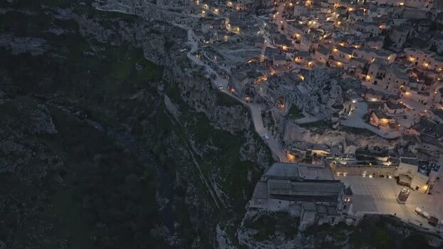 Aerial view of Sassi di Matera at dusk Italy.