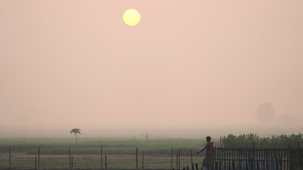 View of a man walking in a misty field at sunrise Bangladesh.