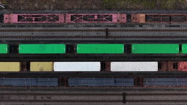 Aerial view of train cars with shipping containers on tracks Portugal.