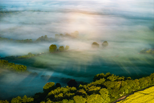 Aerial view of thick morning mist rolling over green fields and lush trees with soft sunlight filtering through the fog near Nuffield Oxfordshire United Kingdom. Aerial view of thick morning mist rolling over green fields and lush trees with soft sunlight filtering through the fog near Nuffield Oxfordshire United Kingdom.