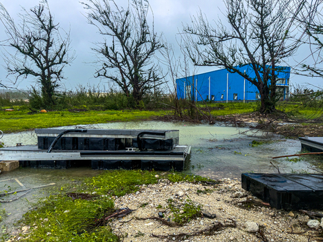 San Jose Tinian Northern Mariana Islands 06 July 2026 View of inundation during Super Typhoon Bavi showing flooded ground debris and damaged trees near a blue building. San Jose Tinian Northern Mariana Islands 06 July 2026 View of inundation during Super Typhoon Bavi showing flooded ground debris and damaged trees near a blue building.