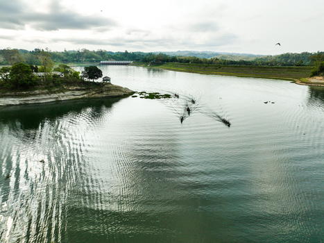 Rangamati Hill District Bangladesh 18 May 2024 Aerial view of Kaptai Lake with small boats navigating the calm water near a lush island under a cloudy sky.