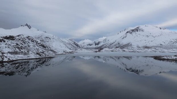 Aerial view of Lofoten mountains reflecting in calm water Norway.