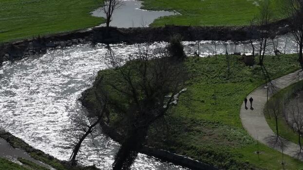 Aerial view of river and park Portugal.