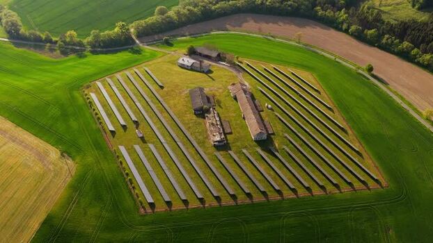 Aerial view of solar panels on a farm Czechia. Aerial view of solar panels on a farm Czechia.