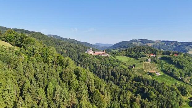 Aerial view of Burg Deutschlandsberg in Austria.