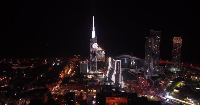 Aerial view of illuminated skyscrapers in Batumi Georgia.