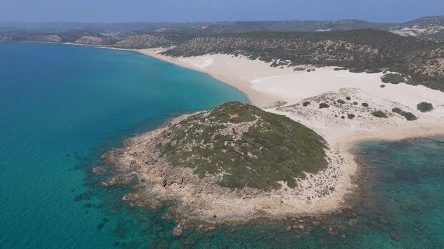 Aerial view of a rocky peninsula and sandy beach Northern Cyprus.