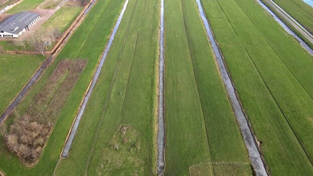 Aerial view of green fields and ditches Netherlands.