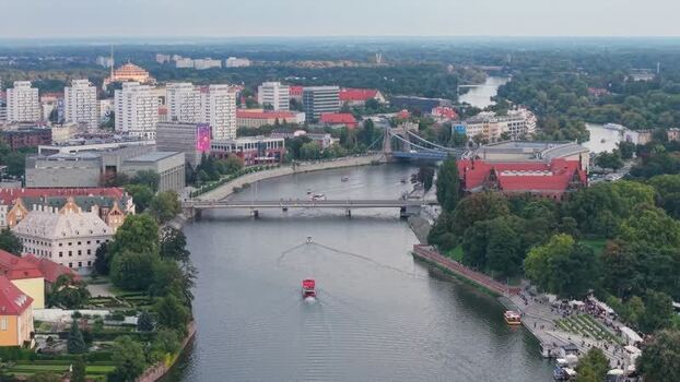 Aerial view of Oder River and historic city center in Poland.