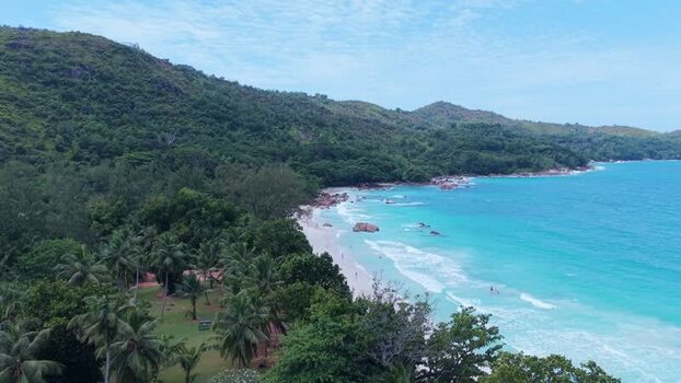 Aerial view of Anse Lazio beach in Baie Sainte Anne Seychelles.