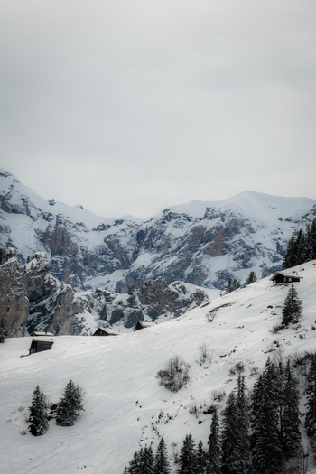 View of snow blanketed alpine landscape with craggy cliffs and scattered wooden chalets under a muted sky Murren Switzerland. View of snow blanketed alpine landscape with craggy cliffs and scattered wooden chalets under a muted sky Murren Switzerland.