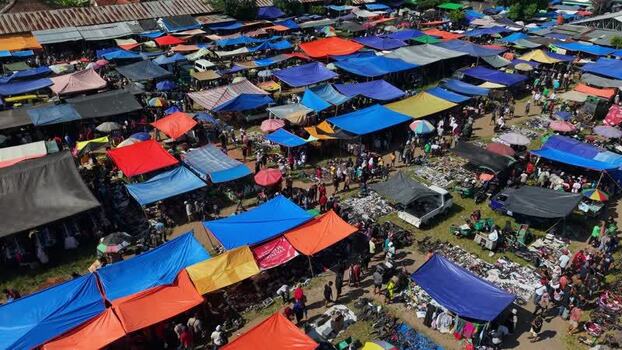 Aerial view of Bonyokan Pasar Legi market stalls Indonesia.