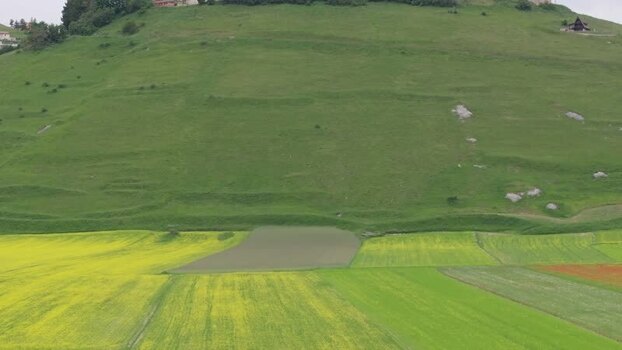 Aerial view of Castelluccio hills and fields Italy.