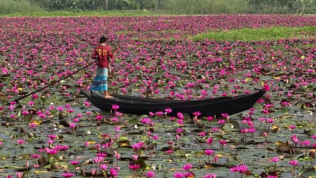 View of a man rowing a boat through pink water lilies Bangladesh. View of a man rowing a boat through pink water lilies Bangladesh.