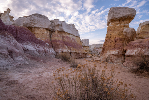 View of Paint Mines Interpretive Park featuring vibrant pink and yellow clay rock formations under a cloudy sky with dry desert vegetation in Calhan Colorado United States.