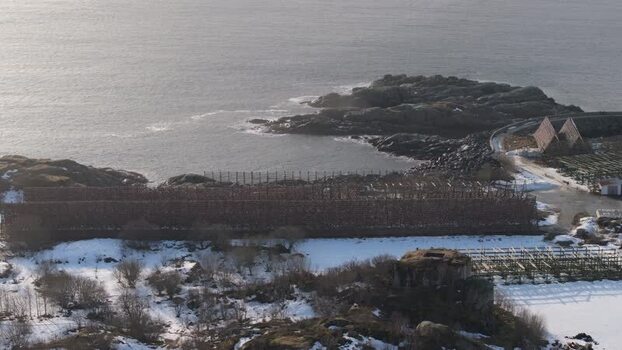 Aerial view of stockfish drying racks in Lofoten Norway.