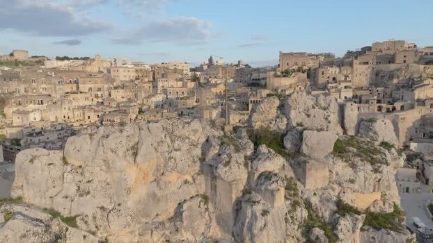 Aerial view of Matera historic stone dwellings in Italy.