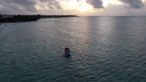 Aerial view of boat near Cap Malheureux in Mauritius.
