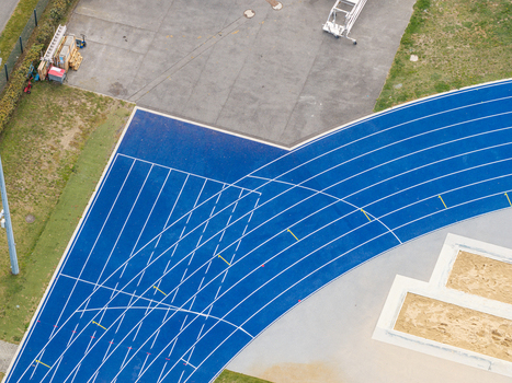 Aerial view of the blue running track at the Olympiastadion Berlin in Berlin Berlin Germany.