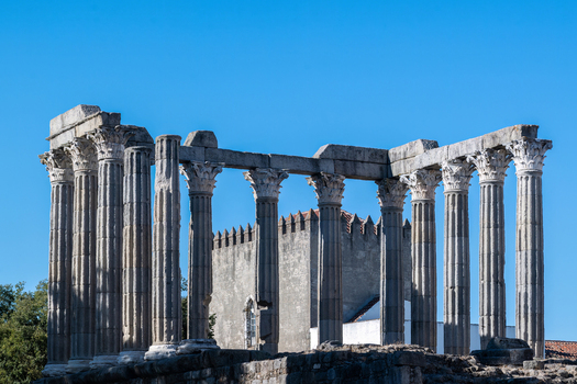 Evora Distrito de Evora Portugal 09 September 2026 View of Roman Temple of Evora with its ancient Corinthian columns standing against a clear blue sky. Evora Distrito de Evora Portugal 09 September 2026 View of Roman Temple of Evora with its ancient Corinthian columns standing against a clear blue sky.