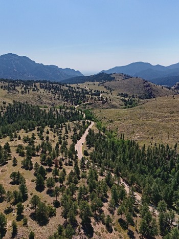 Aerial view of the winding road through the forested landscape of Walker Ranch in the mountains of Boulder Colorado United States.