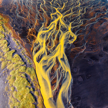 Aerial view of a glacial river with intricate golden sediment channels flowing through dark volcanic sand and vibrant green mossy terrain in Iceland. Aerial view of a glacial river with intricate golden sediment channels flowing through dark volcanic sand and vibrant green mossy terrain in Iceland.