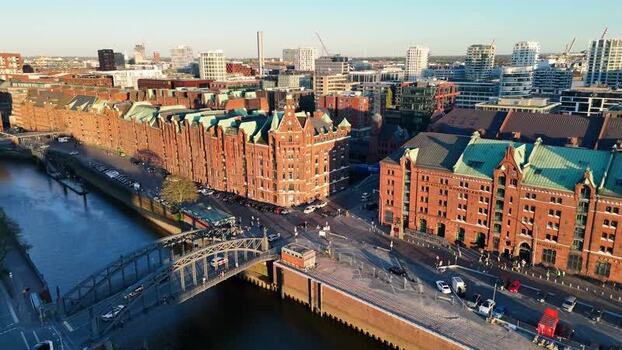 Aerial view of Speicherstadt warehouse district and canals in Hamburg Germany. Aerial view of Speicherstadt warehouse district and canals in Hamburg Germany.
