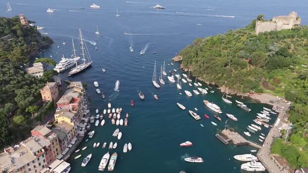 Aerial view of Portofino harbor with yachts and boats Italy. Aerial view of Portofino harbor with yachts and boats Italy.