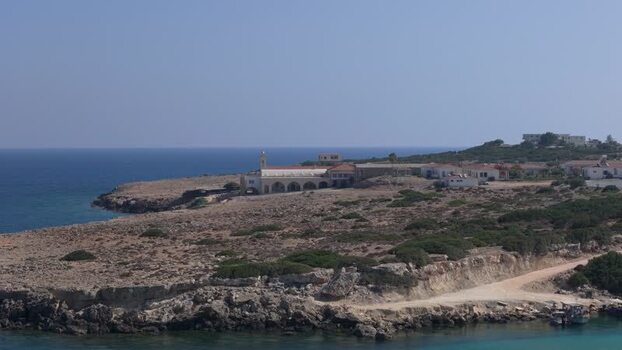 Aerial view of coastal monastery on rocky cliffs Northern Cyprus.