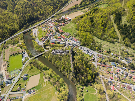 Aerial view of Orava Castle perched on a high rock above the Orava river and the village of Oravsky Podzamok Zilina Region Slovakia. Aerial view of Orava Castle perched on a high rock above the Orava river and the village of Oravsky Podzamok Zilina Region Slovakia.