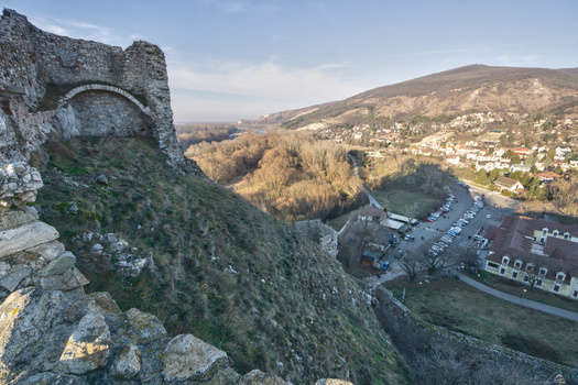 View of the historic stone ruins of Devin Castle overlooking the Danube river valley and surrounding village in Bratislava IV Bratislava Region Slovakia. View of the historic stone ruins of Devin Castle overlooking the Danube river valley and surrounding village in Bratislava IV Bratislava Region Slovakia.