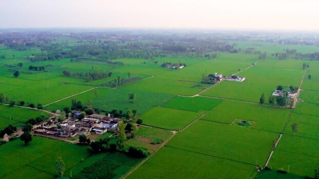 Aerial view of rural village fields in Patna India.