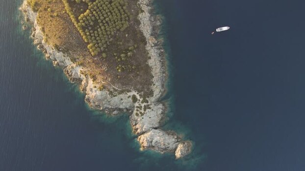 Aerial View of Fetovaia Bay at sunset Seccheto Elba Island Tuscany Italy.
