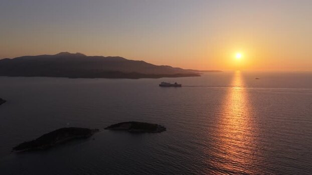 Aerial view of Straits of Corfu at sunset Albania.