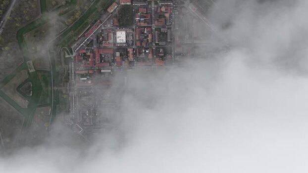 Aerial view of Neuf Brisach partially covered in fog France.